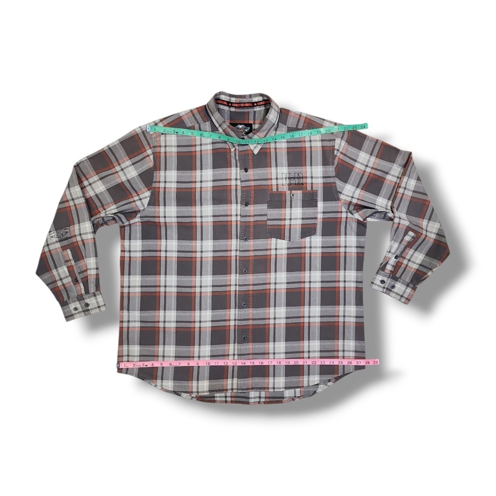 Harley Davidson Motorclothes Grey/Orange Plaid Button Down Long Sleeve Men's 2XL - Picture 3 of 16
